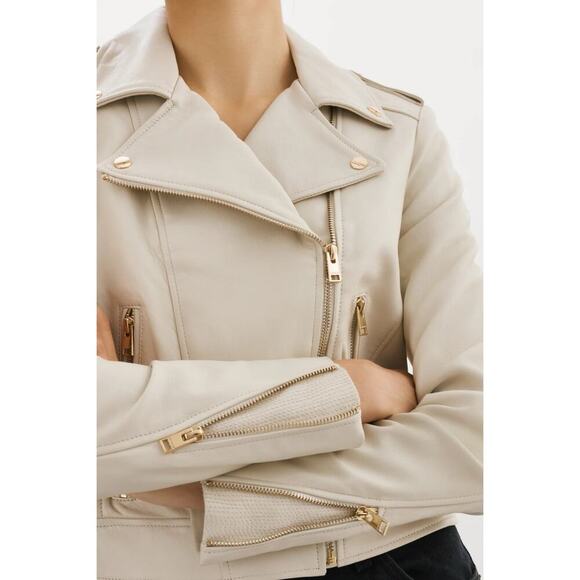 Lamarque Donna Biker Leather Jacket in Stone Grey Cream Size Large - Picture 5 of 13